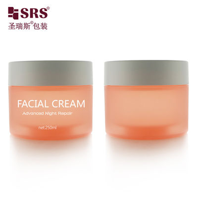 kaufen SRSJK-250g Runde zylindrische Form Lebensmittelqualität Leeres, mattiertes, orangefarbenes, durchscheinendes Kunststoffglas mit zweilagigem Design, weißem Deckelverschluss für Augenpads Online-Herstellung